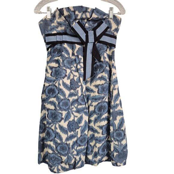 BCBGMaxaria Dress Size 2 Blue Short Balloon Style Bow Strapless Floral Prom - Picture 2 of 7